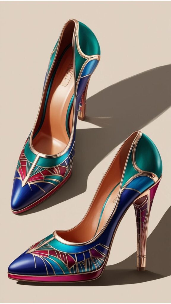 A digital art illustration of shoes aesthetic heels, showcasing unique artistic designs and architectural inspiration.