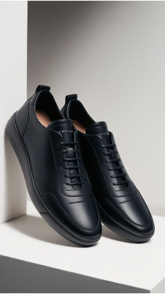 Black shoes aesthetic sneakers displayed, timeless footwear easily integrated into various outfits, offering sophistication and an effortlessly cool style.