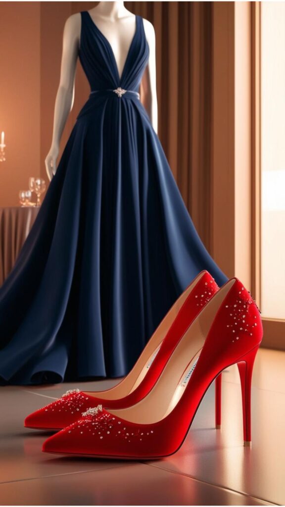 A pair of striking red shoes aesthetic heels, styled with a sophisticated evening gown, at a glamorous event.