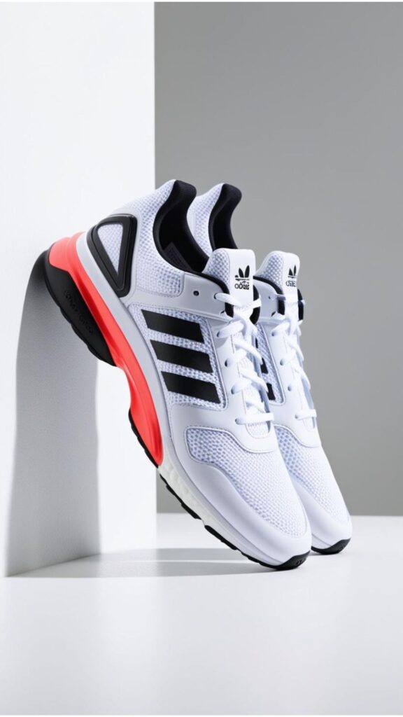 Branded shoes aesthetic sneakers displayed, known for iconic three-stripe branding, showcasing innovative designs, comfortable fit, and advanced technology.