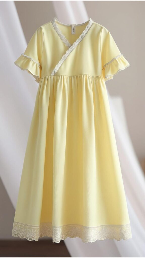 A Korean style dress elegant in a soft Butter Yellow shade, possibly with delicate details like ruffles or lace.