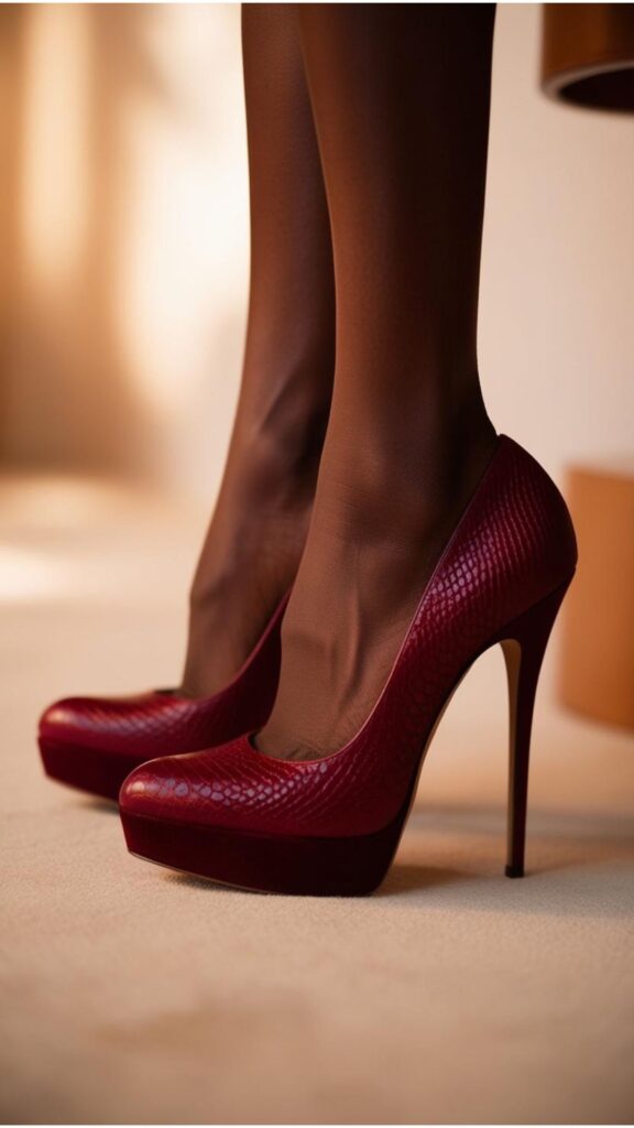 A detail shot of a person's feet wearing stylish shoes, focusing on the texture and color of the footwear against a blurred background.