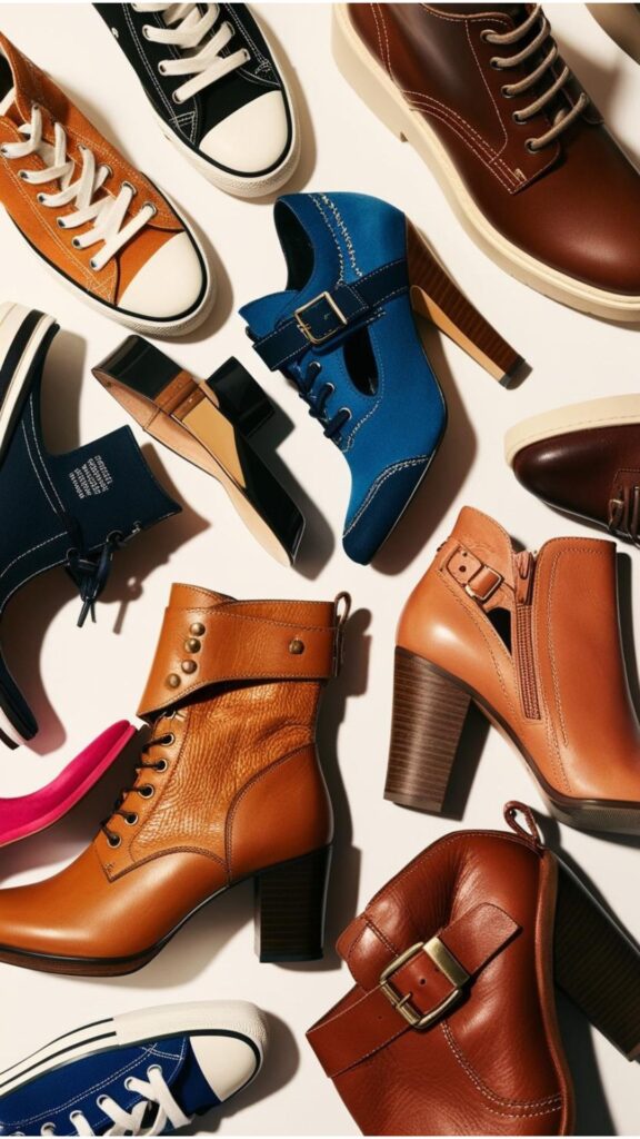 A visually appealing flat lay of various shoes, focusing on their textures, colors, and shapes. Include different types like sneakers, heels, and boots.