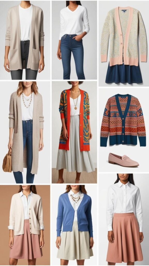 A mood board showcasing different cardigan outfit aesthetics, including minimalist, bohemian, and preppy.