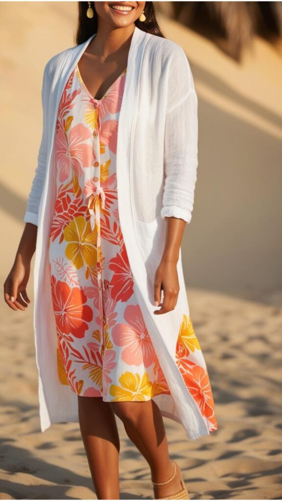 A woman wearing a white linen cardigan over a floral sundress and sandals.