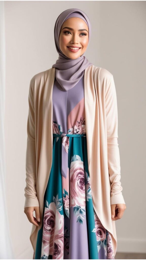 A lovely woman wearing a beige cardigan over a long floral dress and a matching hijab.