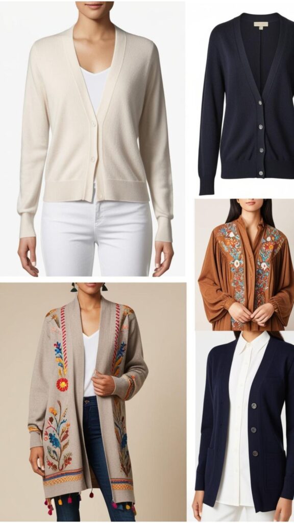 A collage showcasing different cardigan aesthetics, including minimalist, bohemian, and preppy styles.