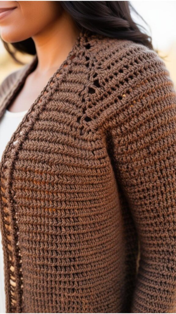 A close-up of a crochet cardigan, highlighting the intricate stitches and texture.
