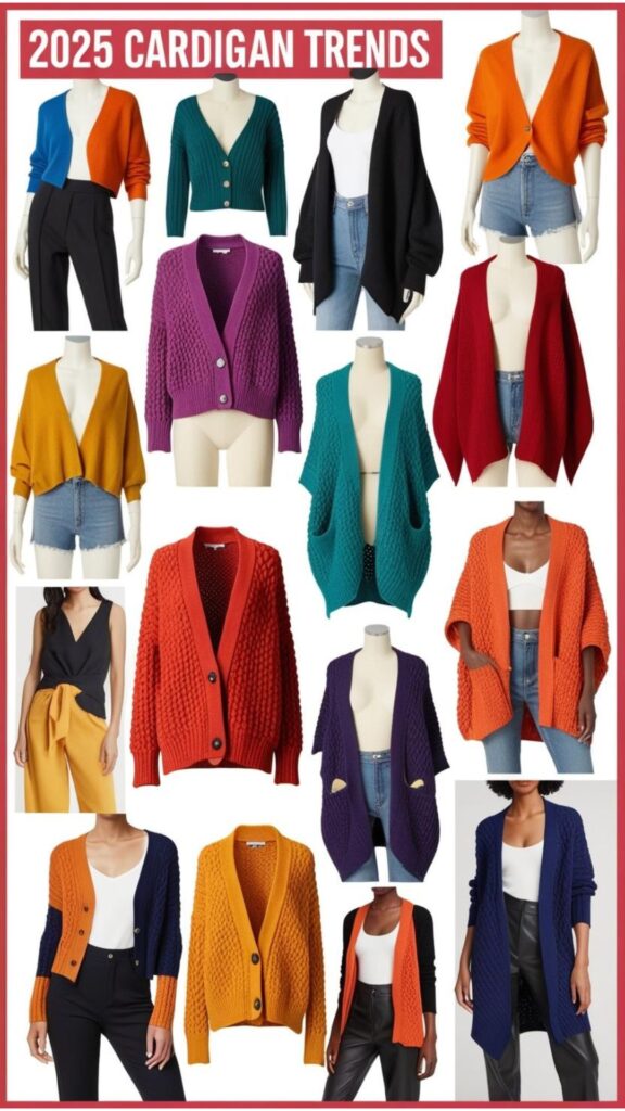 A stylish collection of 2025 cardigan trends, featuring cropped designs, oversized silhouettes, and bold colors, perfect for staying fashionable and on-trend.