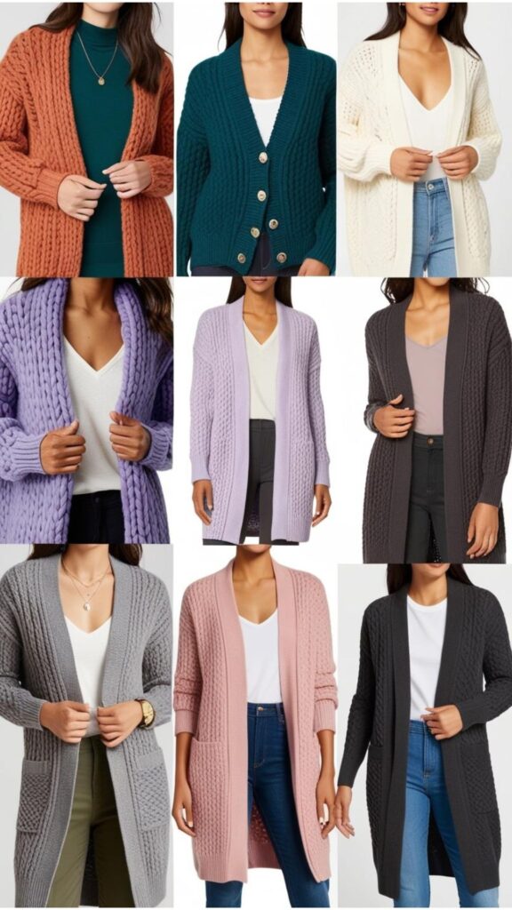 A variety of cardigans styled in unique ways, showcasing different colors, textures, and lengths to create versatile and stylish outfits for any occasion.