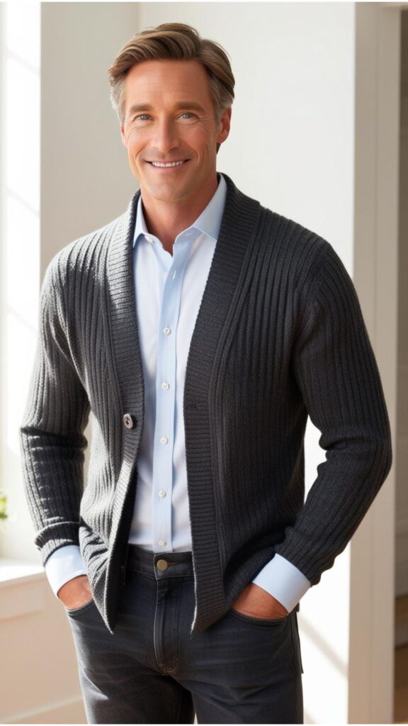 A handsome man wearing a charcoal gray cardigan over a light blue button-down shirt and dark wash jeans.