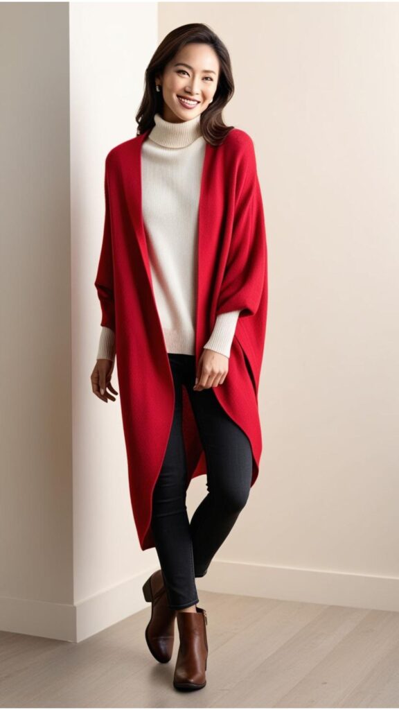 A stunning woman wearing a red oversized cardigan over a cream sweater, black jeans, and brown boots.