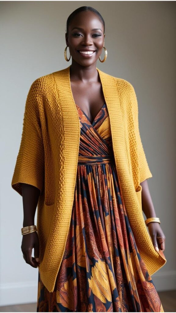 A Black stunning woman wearing a mustard yellow cardigan over a patterned maxi dress, accessorized with gold hoop earrings.