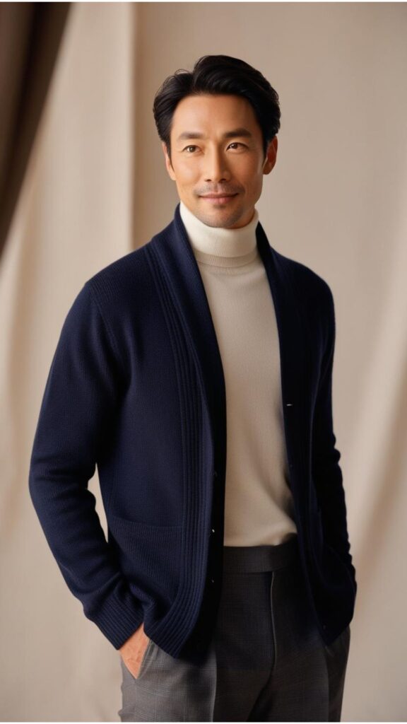 A good-looking man wearing a navy cardigan over a white turtleneck sweater and gray trousers.