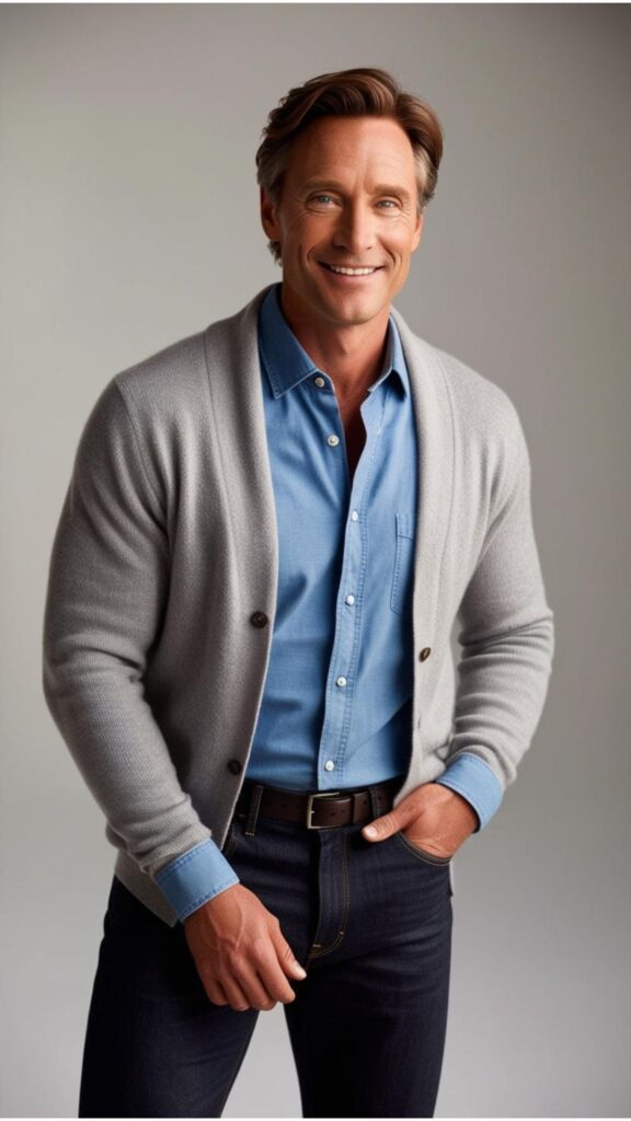 A handsome man wearing a grey cardigan over a blue chambray shirt and dark jeans.