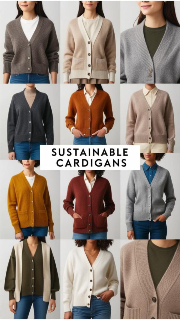 A collection of sustainable cardigans made from wool, cotton, or cashmere, highlighting eco-friendly fashion choices, including secondhand options and repurposed sweaters.