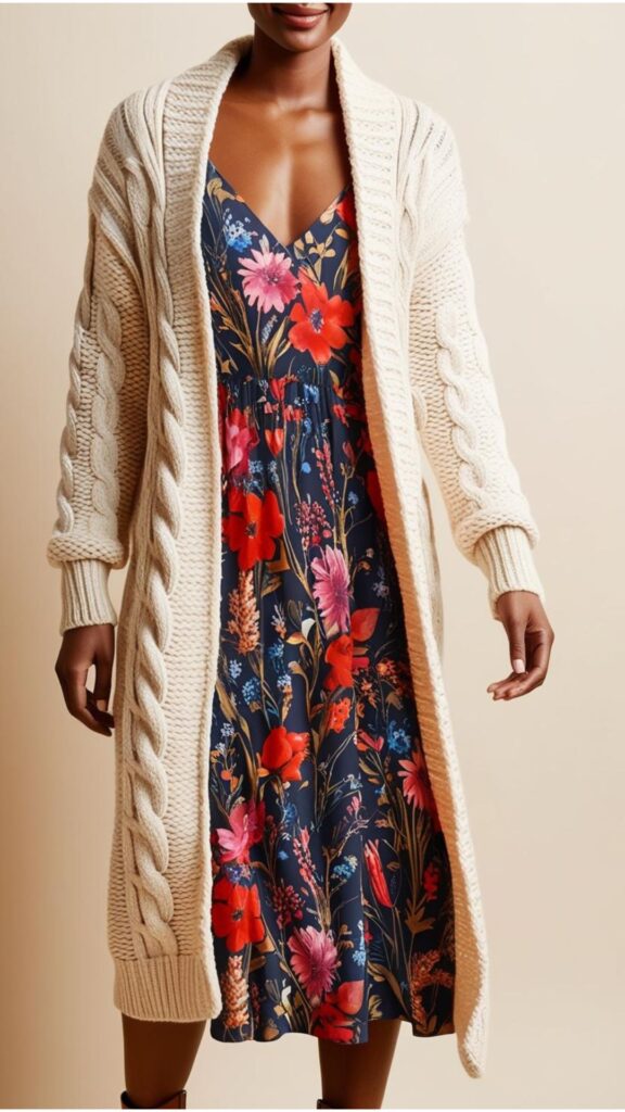 A beautiful woman in a cream cable-knit cardigan layered over a floral midi dress, paired with brown leather boots.