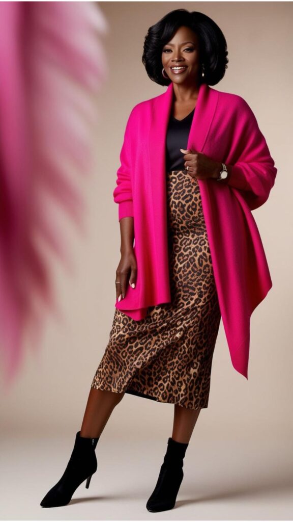 A Black beautiful woman wearing a fuchsia pink cardigan over a leopard print midi skirt and black ankle boots.