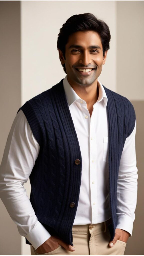 A handsome man wearing a navy cable knit cardigan over a white button-down shirt and chinos.