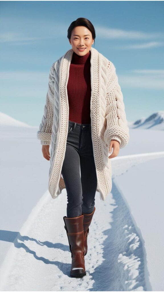 A stunning woman wearing a chunky knit cardigan with a turtleneck sweater, jeans, and boots, walking through a snowy landscape.