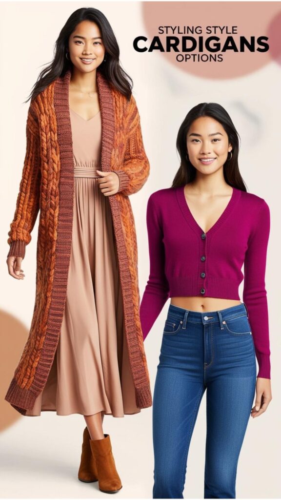Cardigans offer versatile styling options. Layer a long cardigan over a dress for a cozy winter look, or pair a cropped cardigan with high-waisted jeans for a trendy outfit.