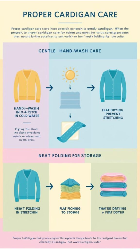 Maintain your cardigans' quality with proper care. Wash gently in cold water, dry flat to prevent stretching, and fold neatly for storage. Avoid hanging to prevent shape distortion.