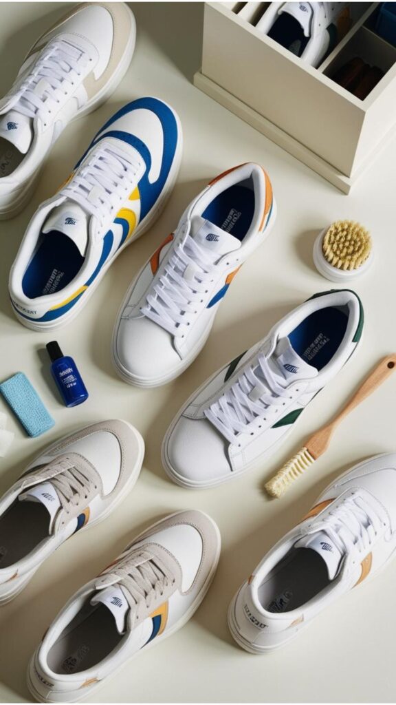 A display of well-maintained shoes aesthetic sneakers, emphasizing the importance of regular cleaning, proper shoe care products, and correct storage to preserve longevity and appearance.
