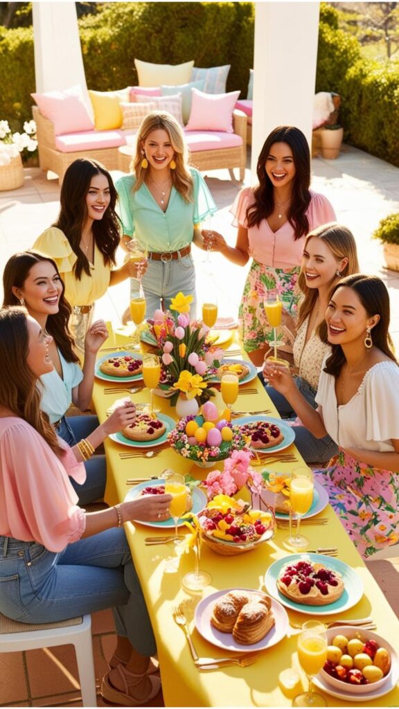 A group of friends enjoying an Easter brunch. The women are wearing casual outfits, including jeans and blouses, sundresses, and skirts