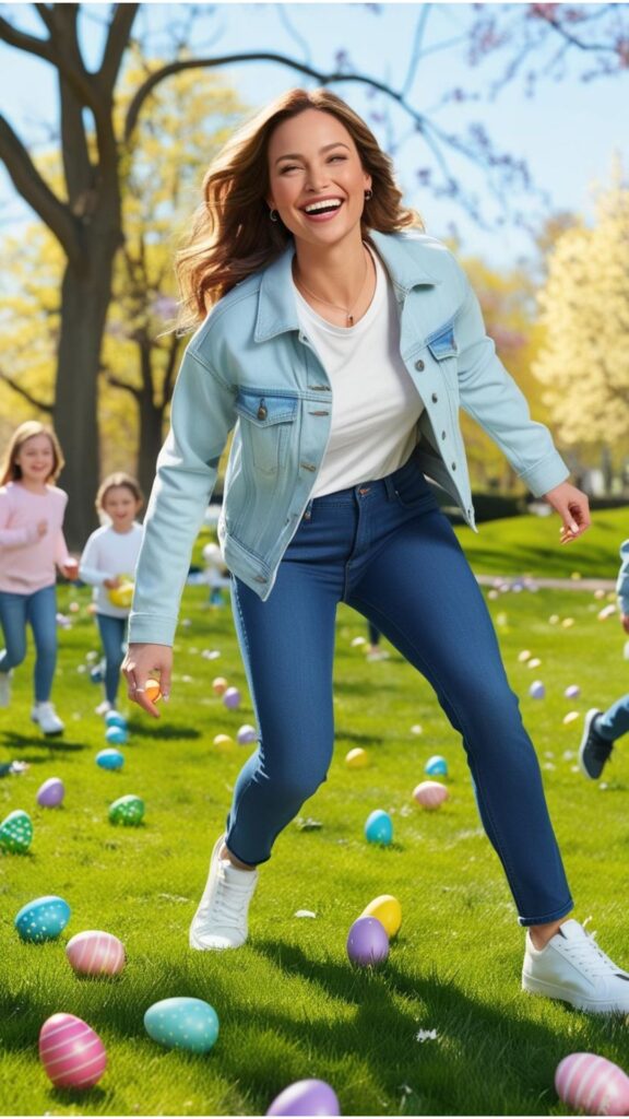 A lovely woman wearing jeans, a t-shirt, a denim jacket, and sneakers, enjoying an Easter egg hunt in a park.