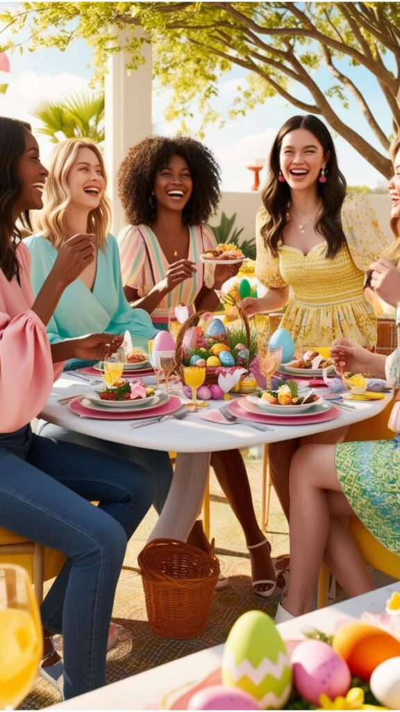 A group of friends enjoying an Easter brunch. The women wear casual outfits, including jeans and blouses, sundresses, and skirts.