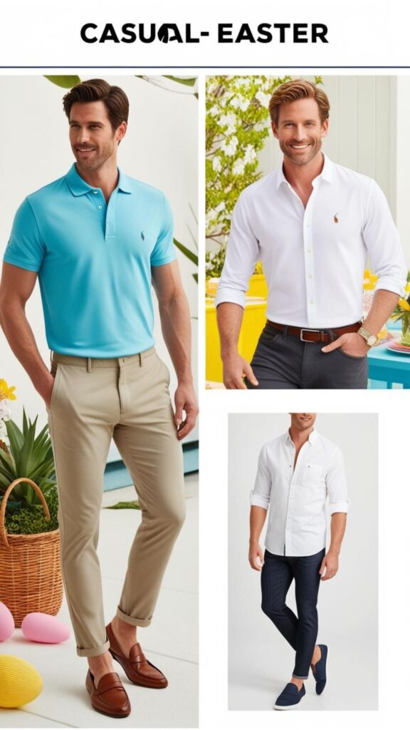 For a casual Easter look, handsome men can wear a polo shirt with chinos or jeans, or a button-down shirt with rolled-up sleeves.