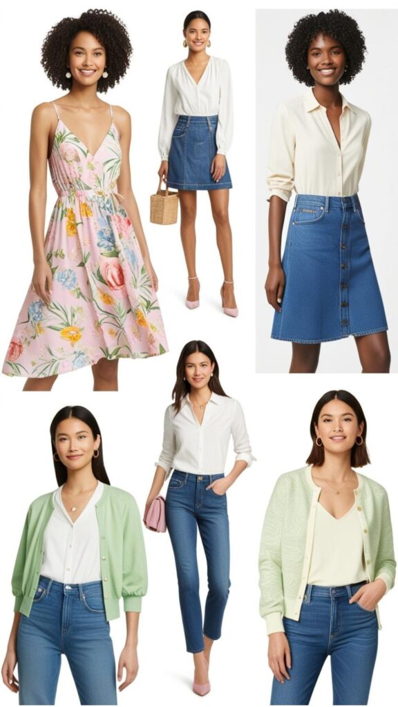 Women can wear sundresses, skirts with blouses, or jeans with stylish tops for a casual Easter look. A cardigan or light jacket can be added for cooler weather.