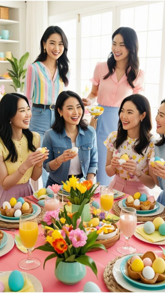 A group of friends enjoying an Easter brunch. The women are wearing casual outfits, including jeans and blouses, sundresses, and skirts.