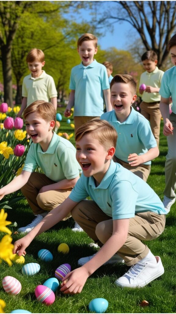 A group of boys playing an Easter egg hunt in a park, wearing polo shirts, chinos, and sneakers.