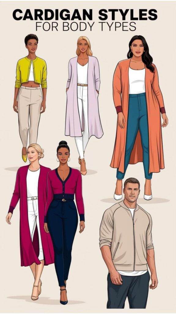 When choosing a cardigan, consider your body type. Petite figures suit shorter styles, tall figures suit longer styles, curvy figures suit defined waists, and athletic builds suit relaxed fits.