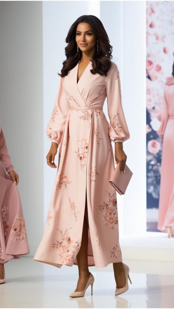 A lovely woman wearing a pastel pink dress with a floral print, paired with bare heels and a matching clutch.