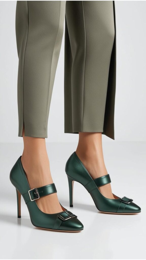 A stylish pair of green heels, perhaps in an emerald or a more muted olive tone, paired with a complementary outfit.