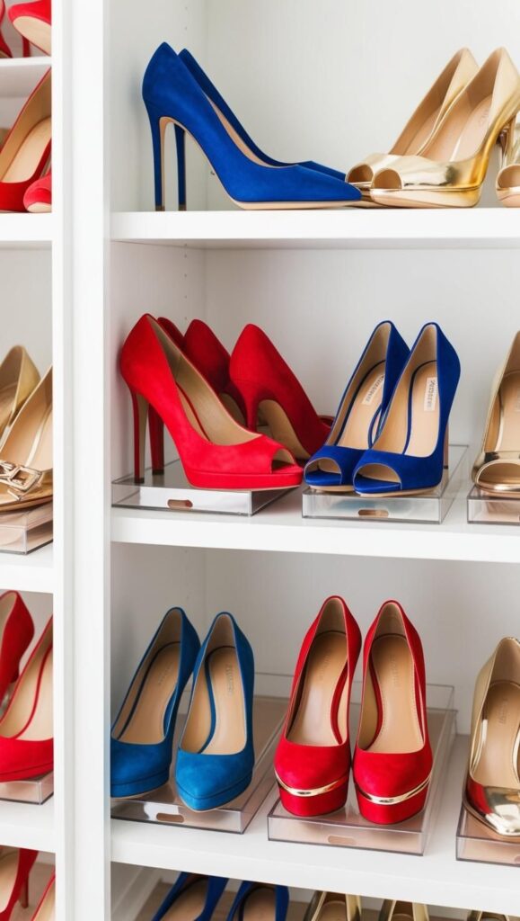 A well-organized closet showcasing a variety of shoes aesthetic heels in different colors and styles.