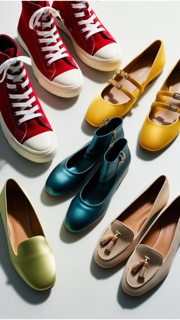 Shoes in the 2025 trending colors: Cherry Red sneakers, Butter Yellow sandals, Aura Indigo boots, Dill Green flats, and Alpine Oat loafers.