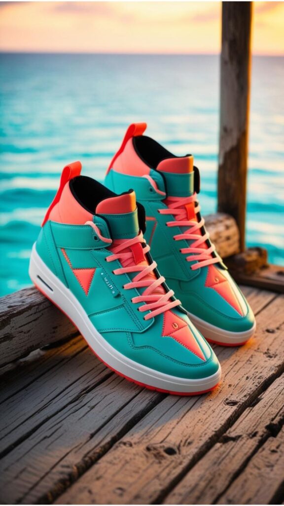 A pair of trendy sneakers in a visually interesting setting, perhaps with colorful accents or a unique design.
