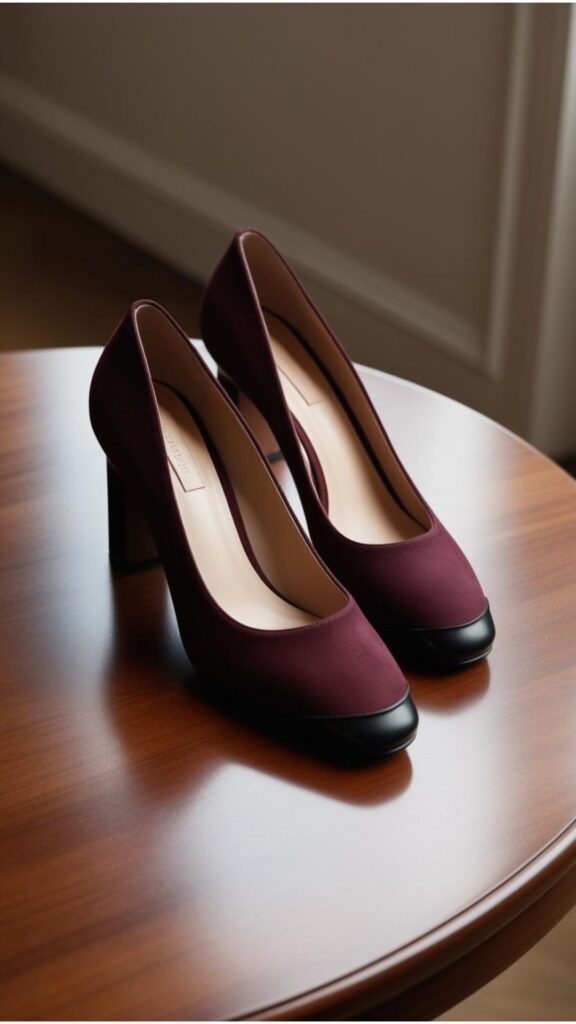A pair of elegant low heeled shoes, such as kitten heels or block heels, styled in a sophisticated way.