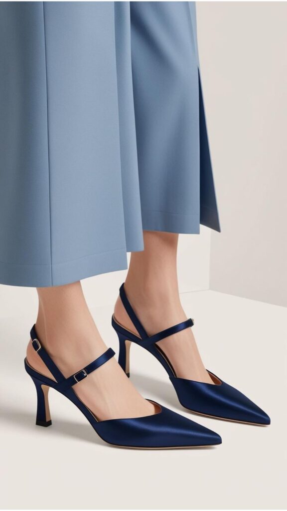 A stylish pair of blue heels, perhaps in a navy or a pastel blue shade, paired with a complementary outfit.