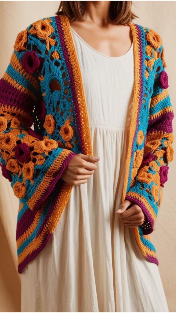 A woman wearing a colorful crochet cardigan over a simple white dress