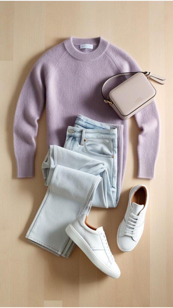 A flat lay showcasing essential Korean style fashion items like a pastel sweater, denim jeans, white sneakers, and a mini crossbody bag.