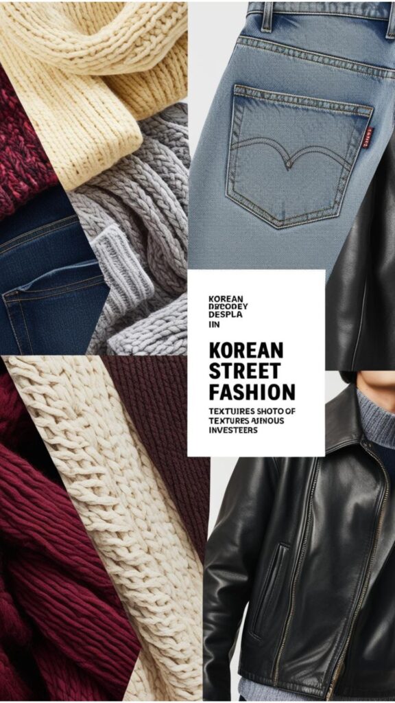 A collage showcasing different textures and fabrics popular in Korean street fashion, such as denim, knits, and leather.