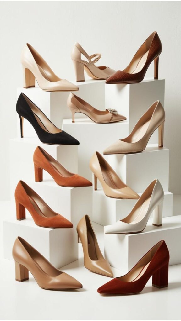 A curated selection of different styles of classy heels, including pumps, stilettos, and block heels, arranged on a clean background.