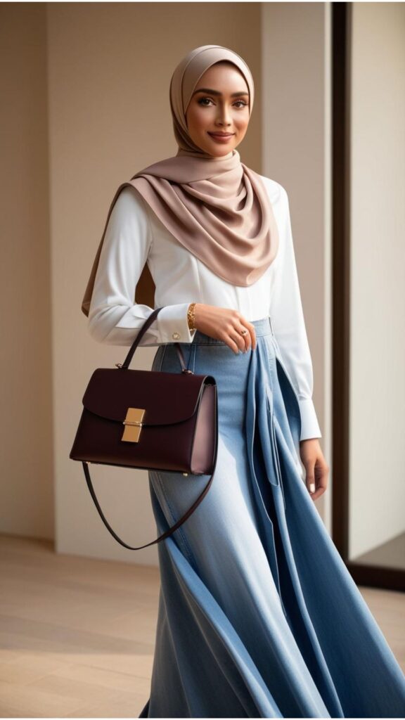 A beautiful woman in a long denim skirt, a beige hijab, and a tailored blouse, accessorized with a statement handbag and modest jewelry.