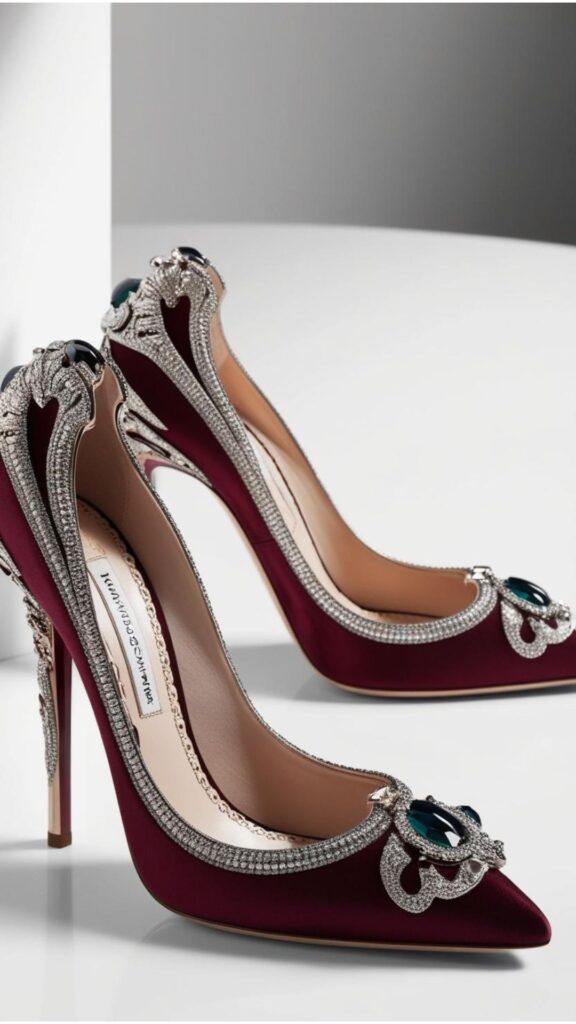 A close-up photograph of designer shoes aesthetic heels, showcasing intricate details and unique sculptural shapes.