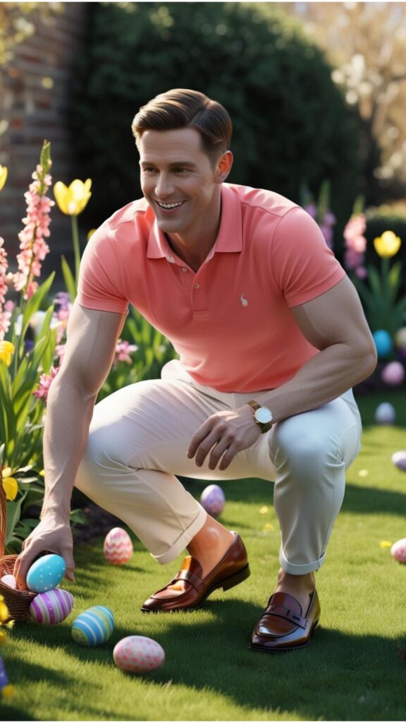A man wearing a coral-colored polo shirt with white chinos and brown loafers, enjoying an Easter egg hunt.)