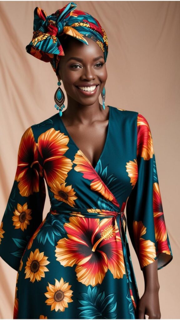 Black woman wearing a vibrant floral dress with statement earrings and a colorful headwrap.